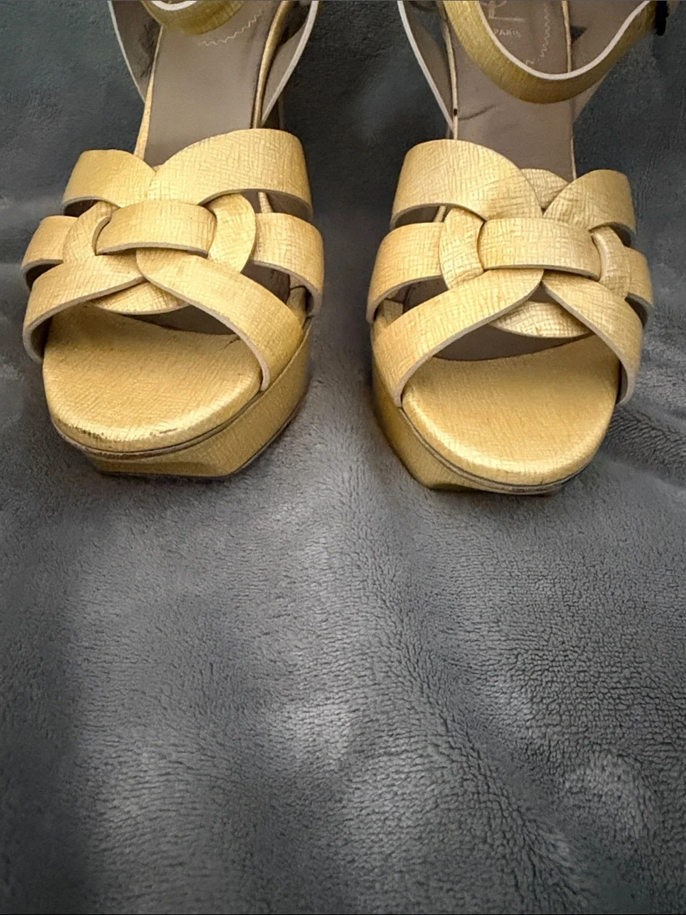 Saint Laurent Yellow Woven Platform Sandals with Ankle Strap - Picture 2 of 5